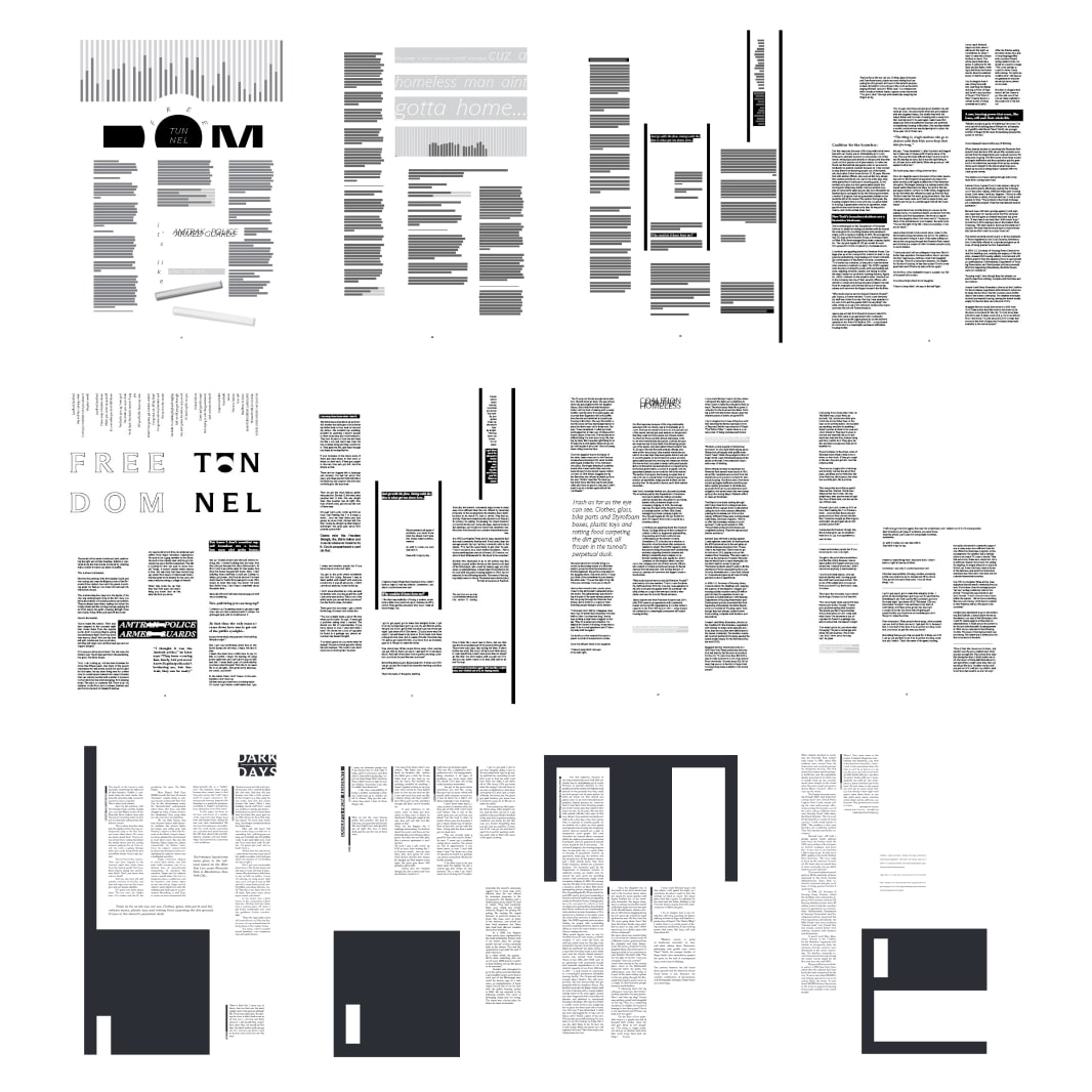 Editorial layout iterations for the Dark Days broadsheet