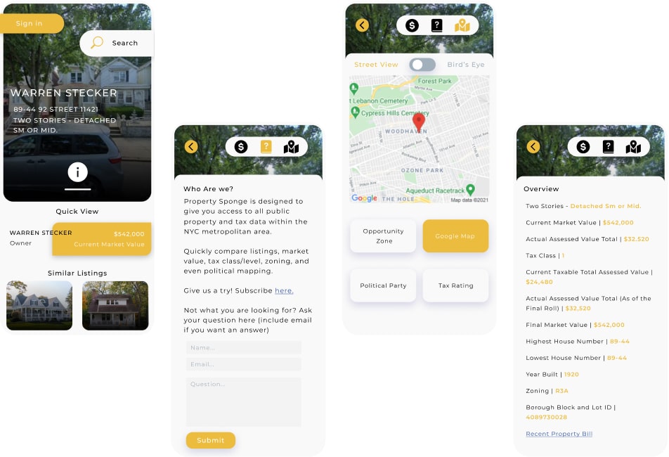 Mobile screens showing the property info toggle menu, mapping view, and signup call-to-action